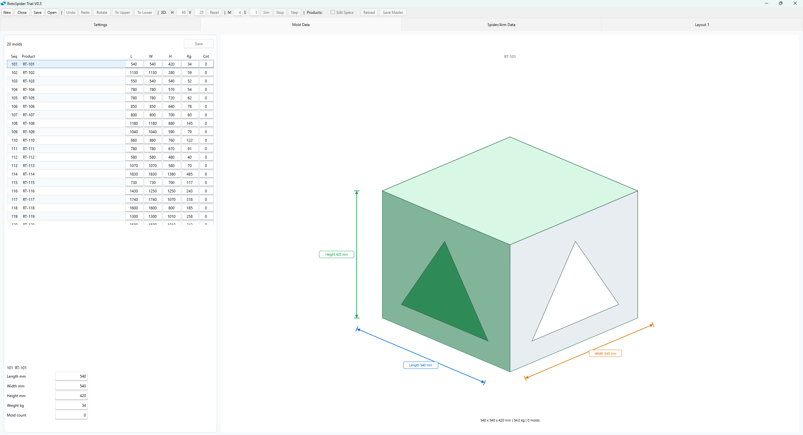 RotoSpider mold data page with mold table and 3D preview