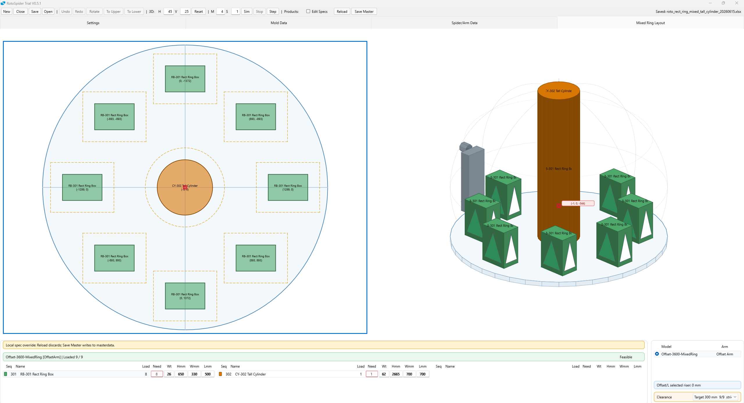 RotoSpider mixed polar ring layout with rectangular boxes and a tall cylinder on an offset arm