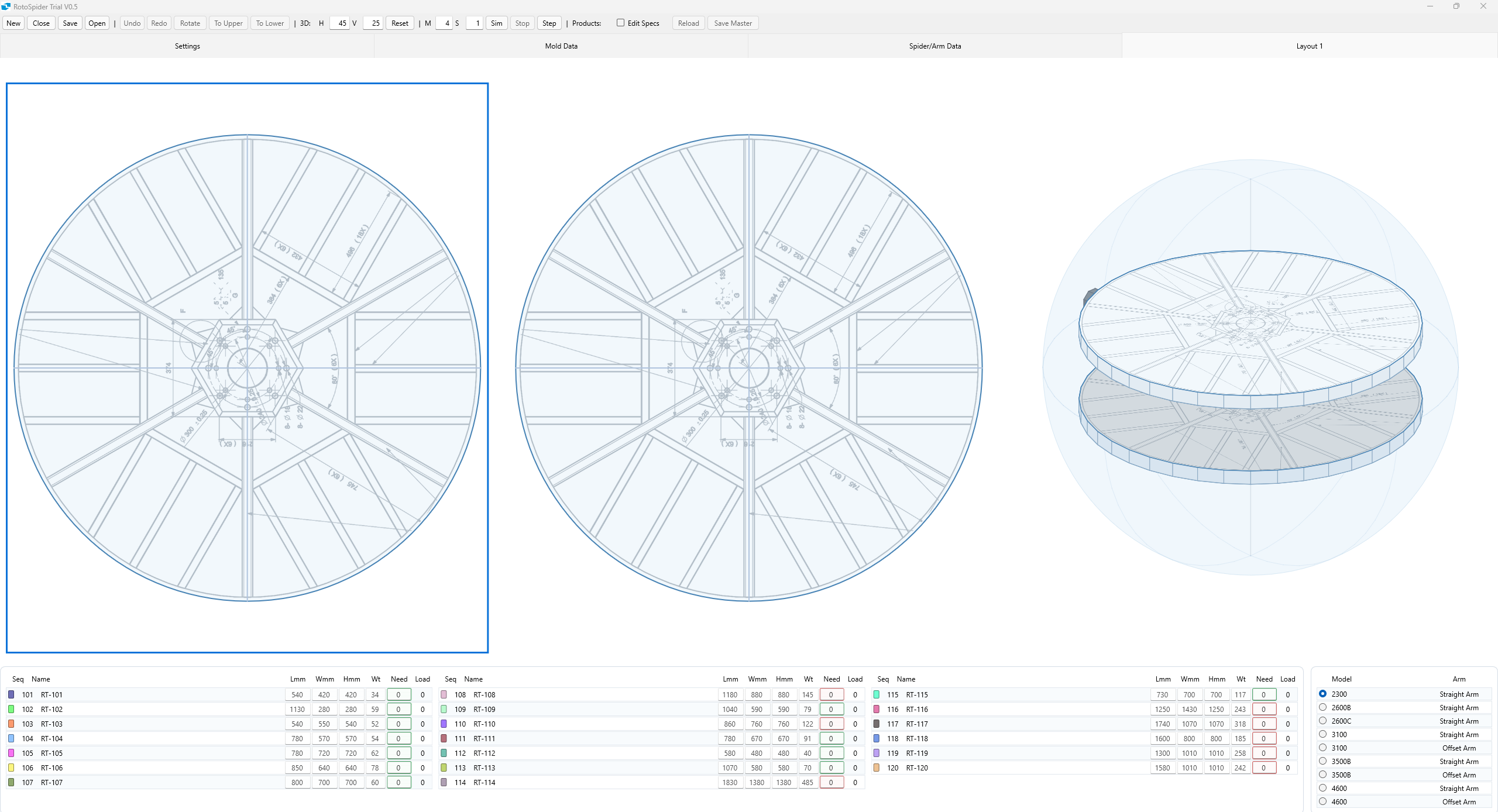 RotoSpider startup window with upper spider, lower spider, and 3D views